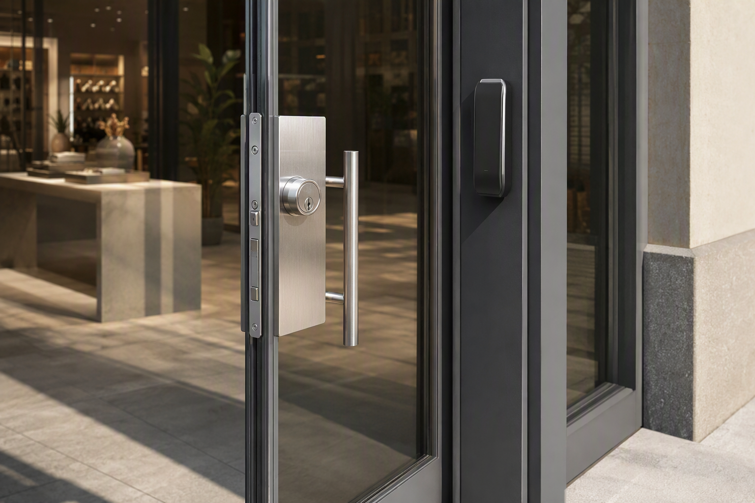 Retail shopfront glass door fitted with a stainless steel commercial lock and pull handle