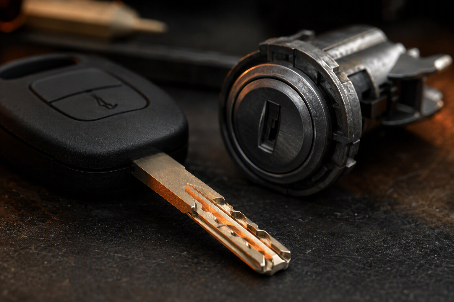 Modern car key fob and cut transponder key resting beside a vehicle door lock barrel