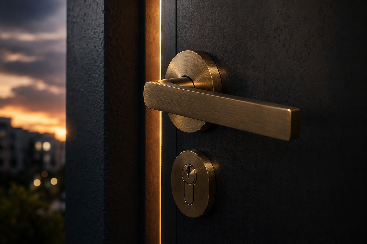 Brushed brass lever handle and euro lock cylinder on a dark entry door, lit from inside at dusk