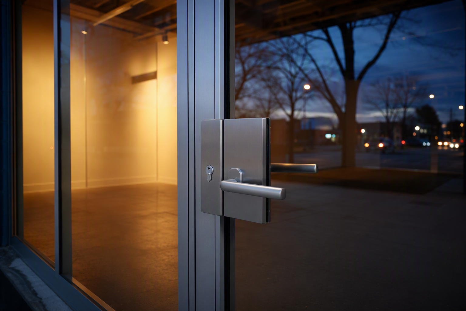 Aluminium-framed commercial shopfront door with patch lock and pull handle hardware at dusk
