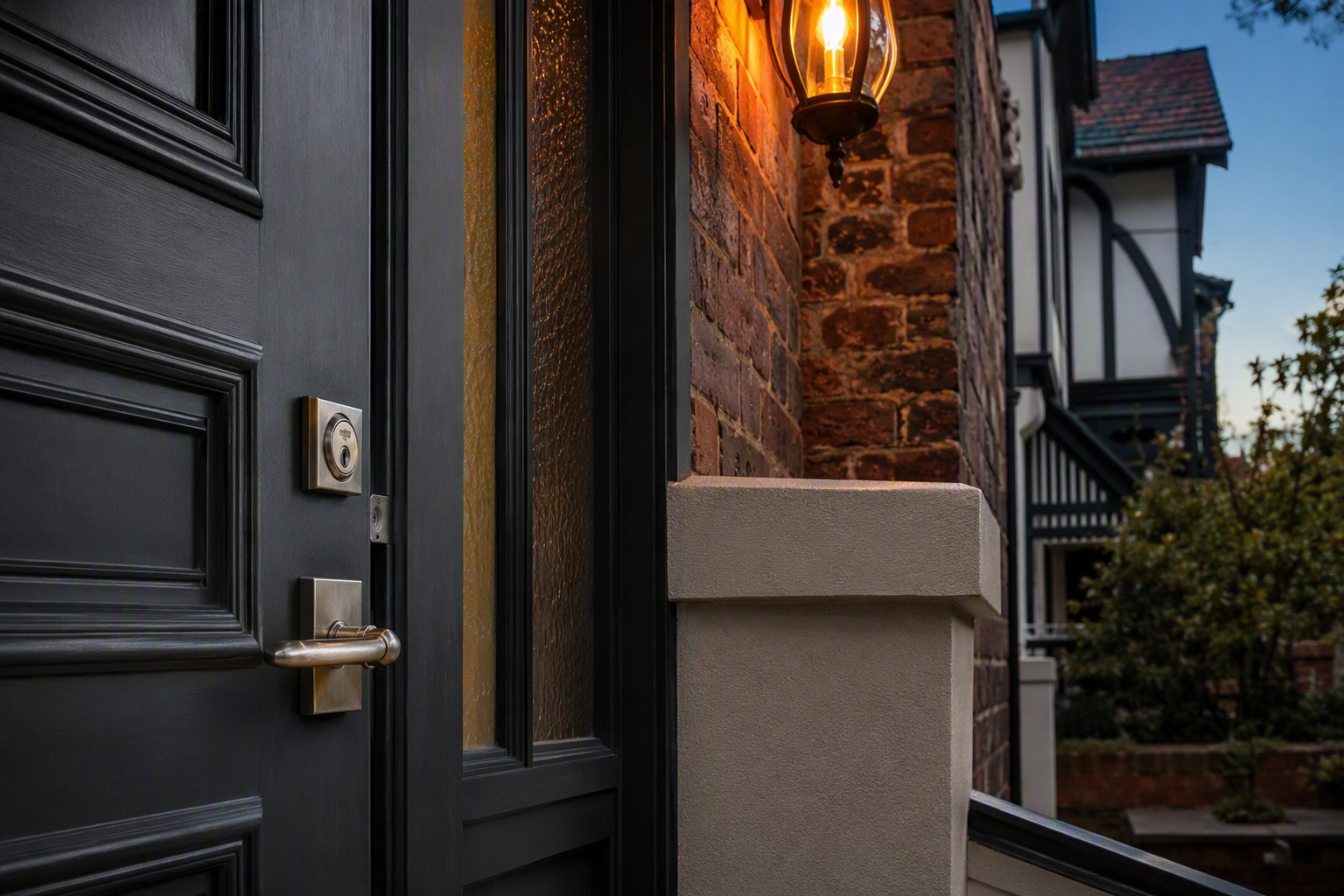 Front entry of a Melbourne brick home with a dark timber door and brushed metal deadlatch hardware