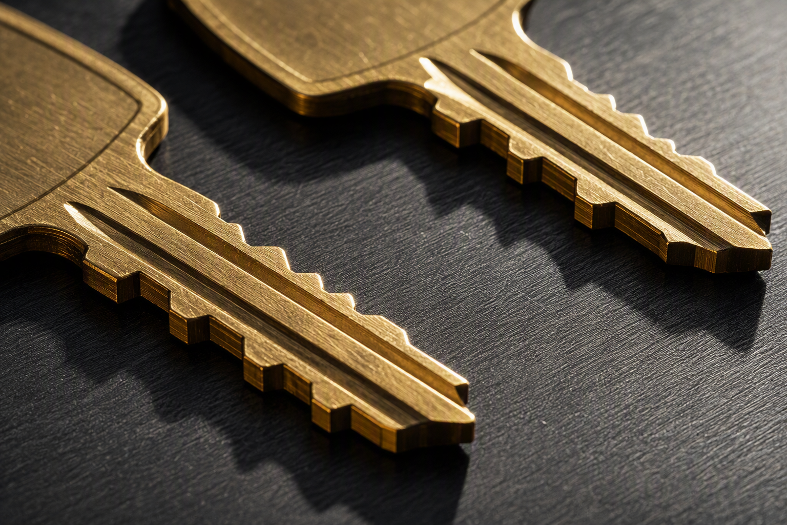 Two freshly cut brass keys resting on a brushed graphite surface under raking light