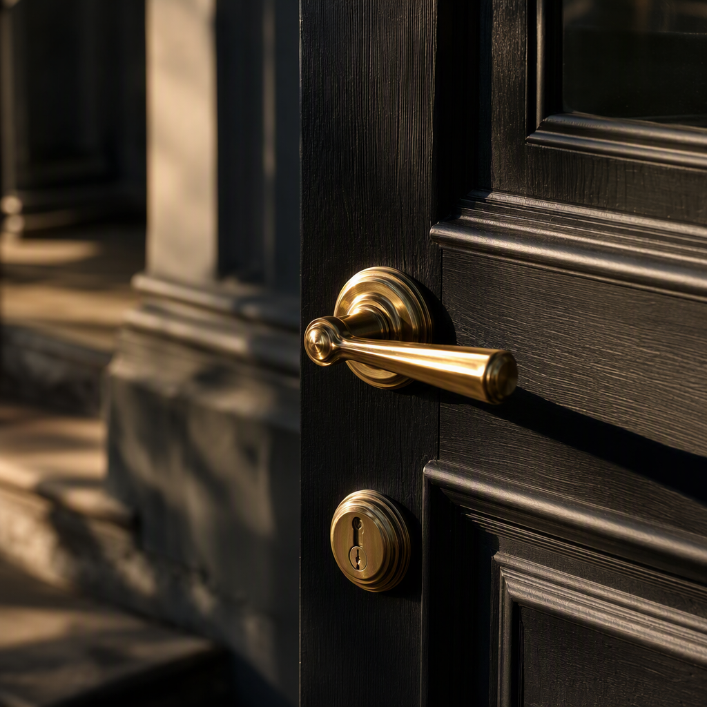 Close-up of a dark Melbourne entry door with a solid brass lever handle and polished lock cylinder