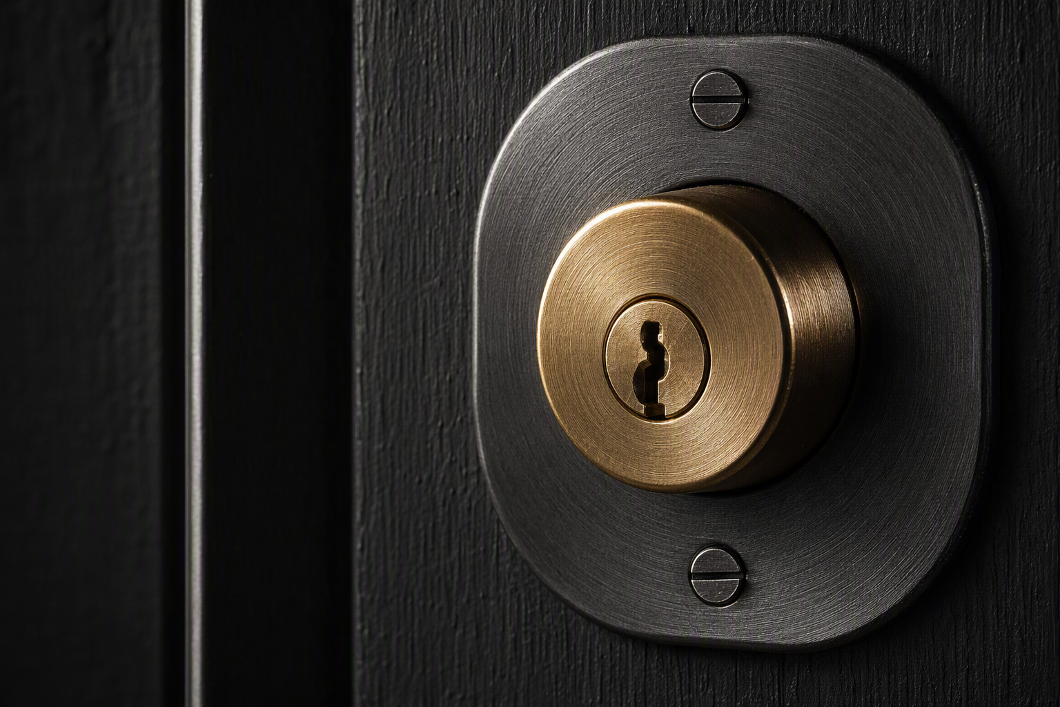 Macro detail of a machined brass lock cylinder and brushed escutcheon plate on a charcoal door