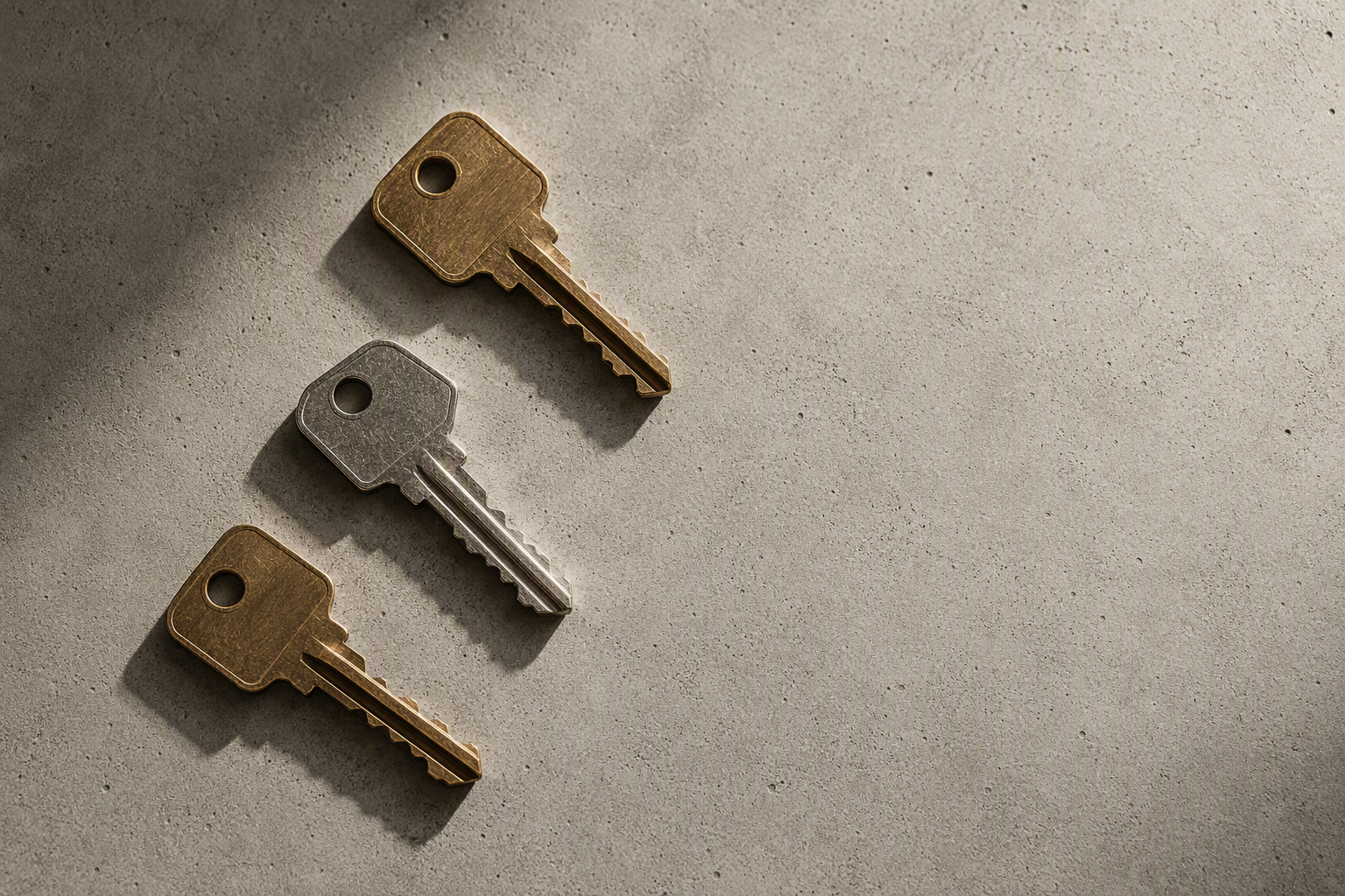 Three cut brass and nickel door keys laid in a diagonal line on a concrete surface