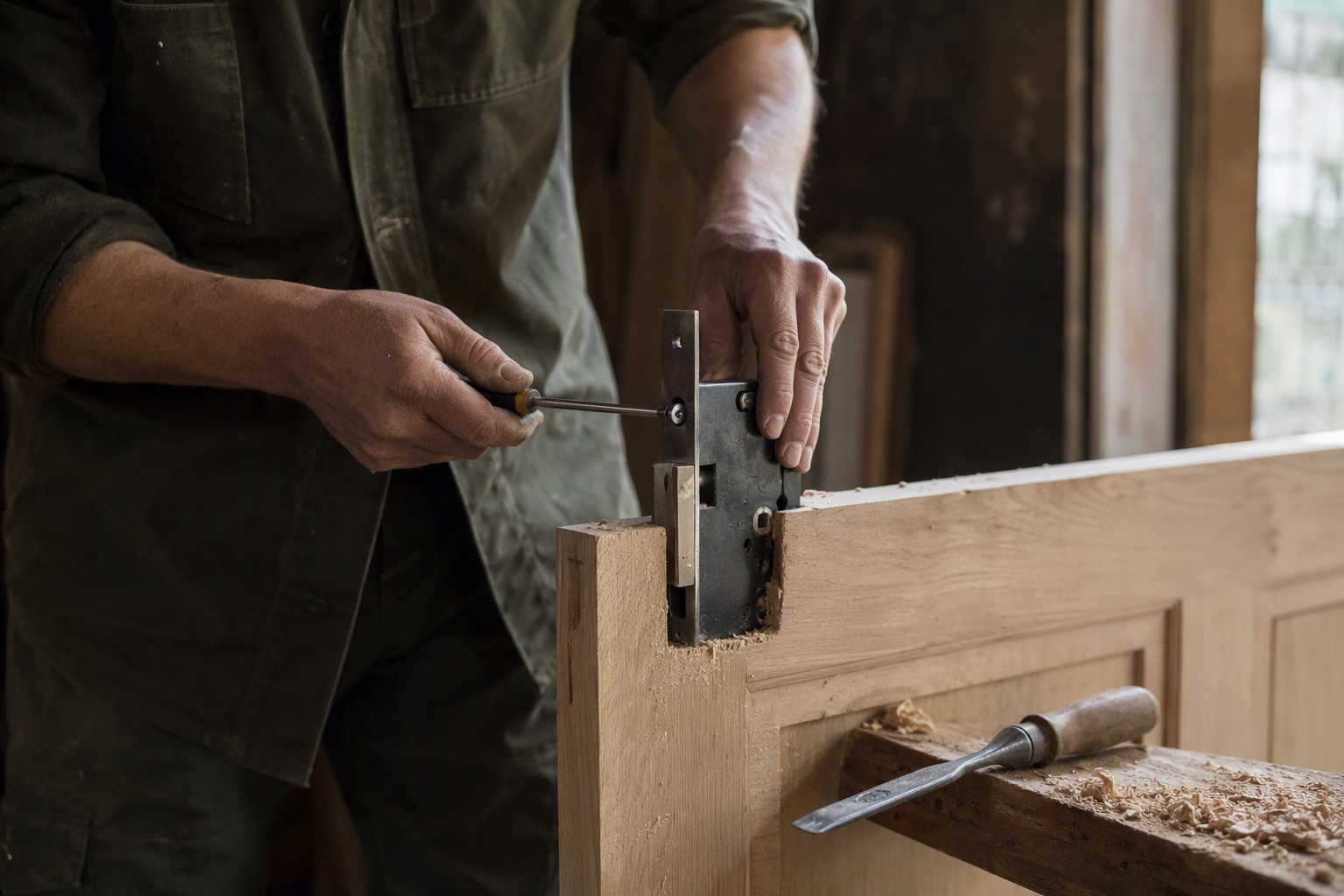 A locksmith's hands fitting a mortice lock body into the routed edge of a timber door