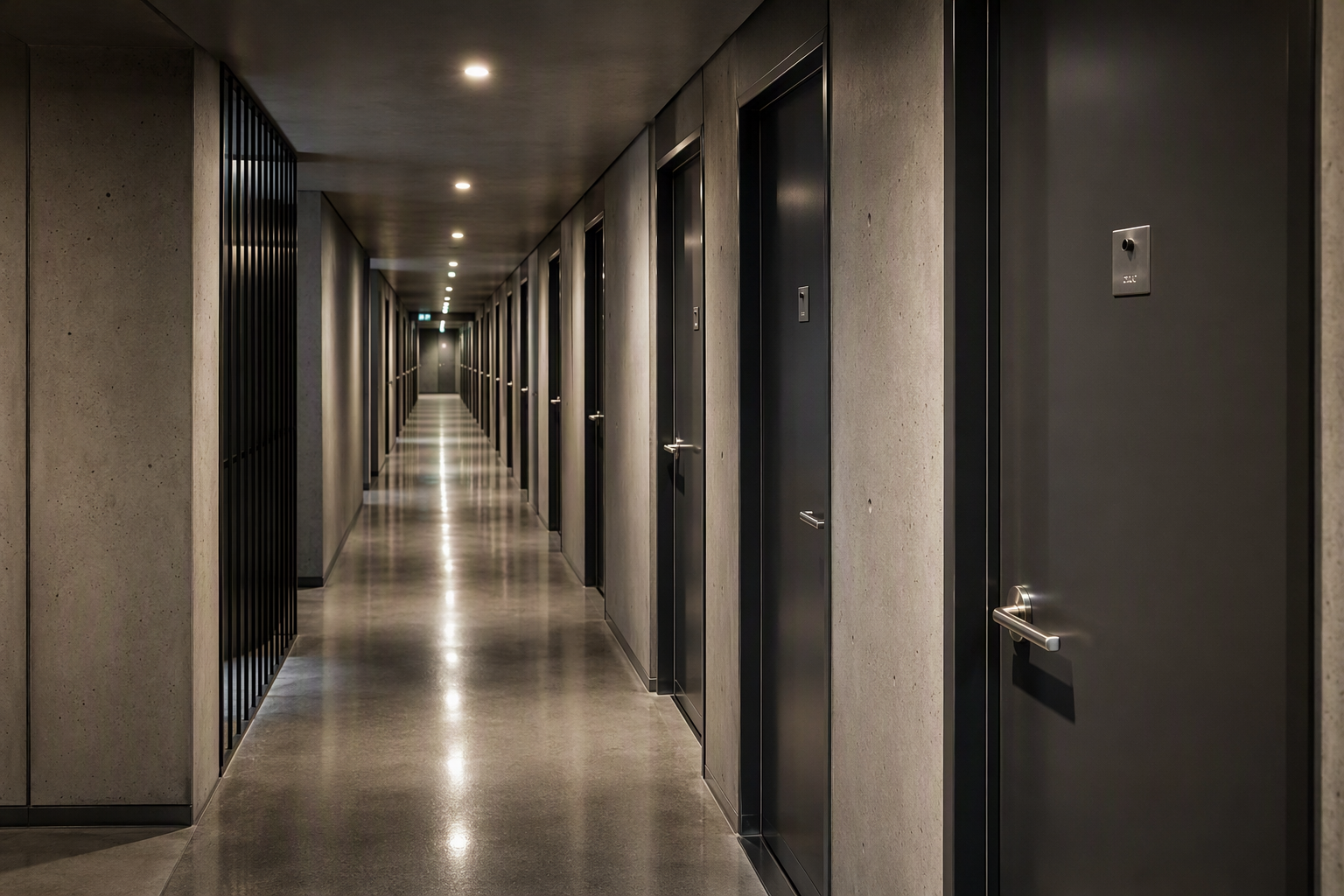 Corridor of a modern Melbourne apartment building with a receding row of grey entry doors