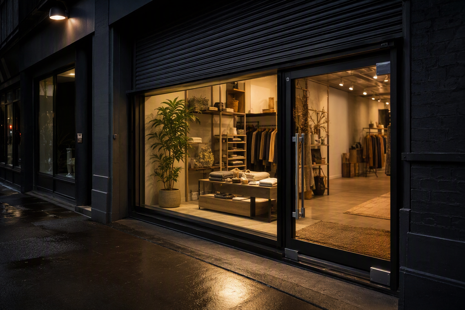 Small retail shopfront at dusk with a plate-glass window and aluminium-framed glass entry door