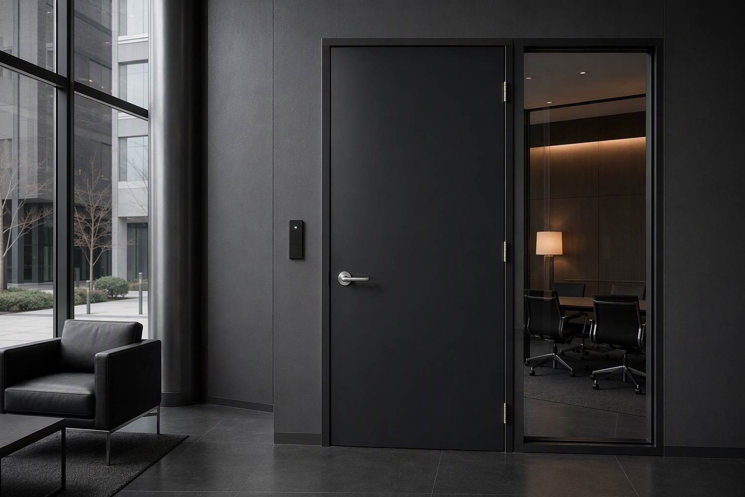 Office suite entry door with a brushed steel lever handle and slim access reader