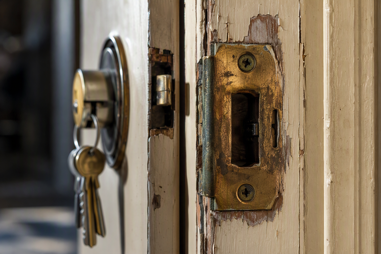 Worn brass strike plate and keeper on the timber door jamb of a rental property, keys in the barrel