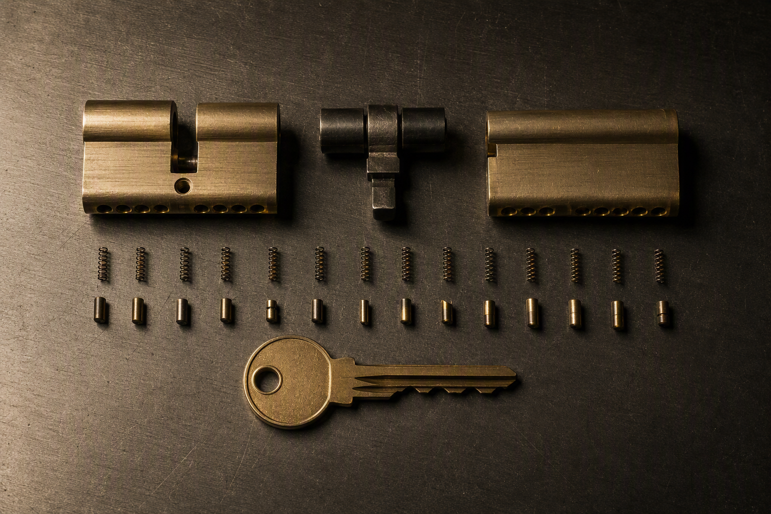 Euro profile lock cylinder on a graphite workbench beside a brass cam, a row of small springs and a blank key