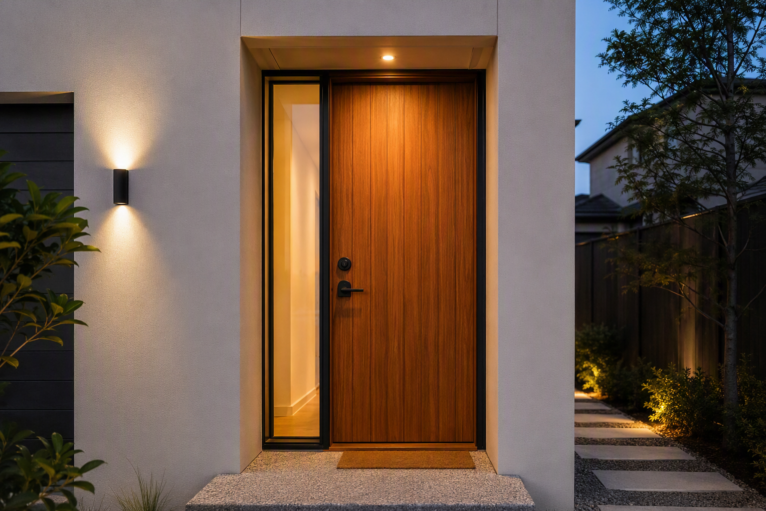 Modern townhouse entrance with a premium matte black lever handle and deadbolt lock