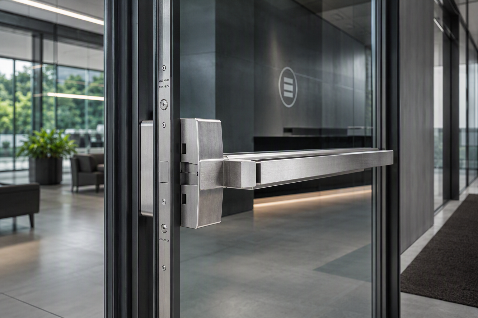 Commercial office entry with glass door, push-bar exit device and premium lock hardware