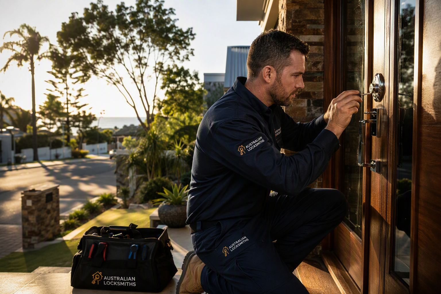 Professional locksmith working on the security lock of a modern Australian home