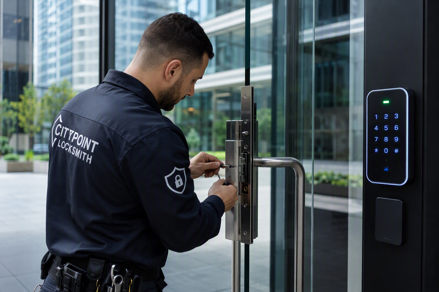 Locksmith servicing a commercial door lock with access control keypad at a Rosebud business