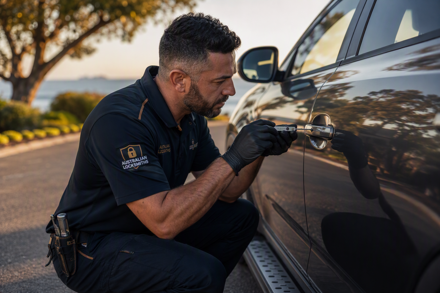 Professional locksmith unlocking a car door with specialist automotive tools in Rosebud