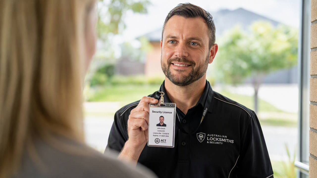 Licensed locksmith showing identification and credentials to a customer