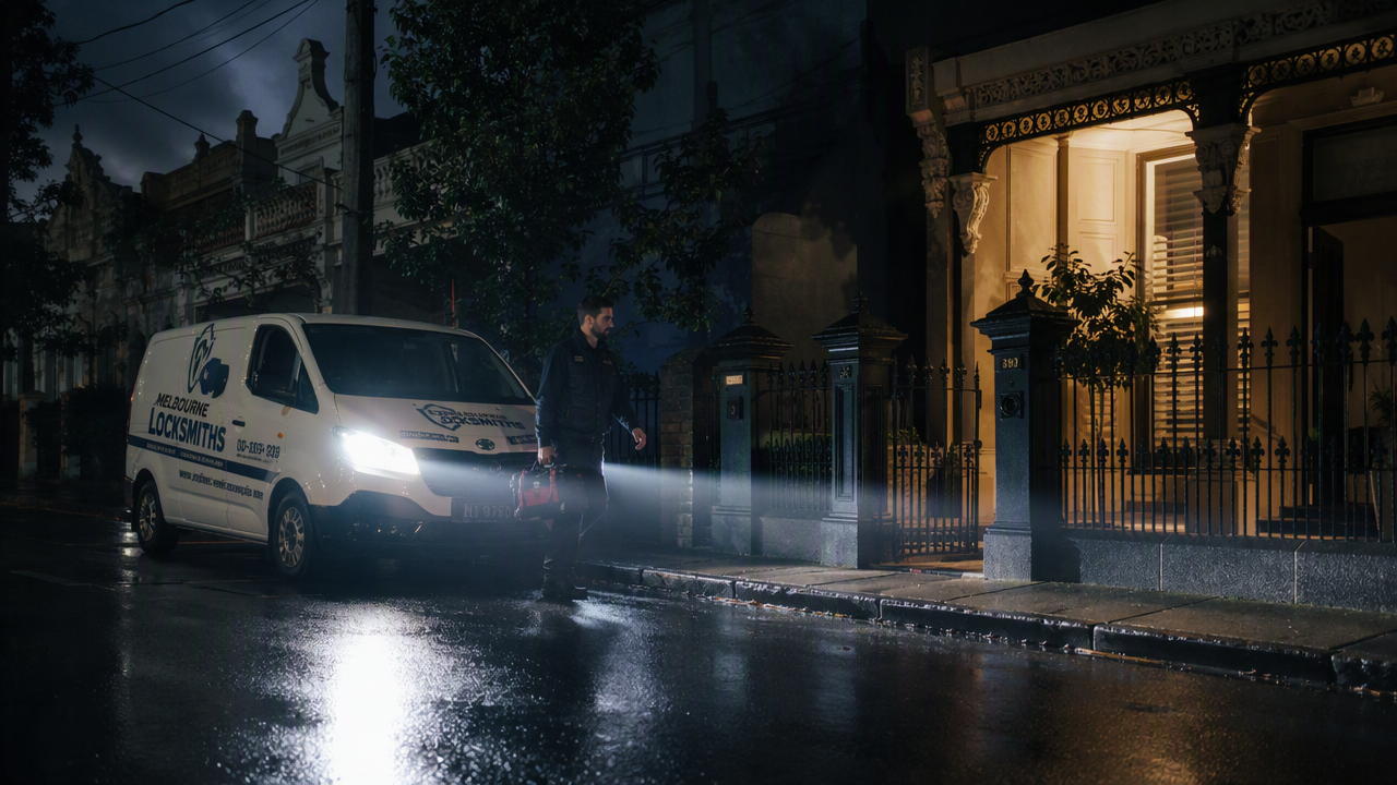 Emergency locksmith van arriving at a night-time callout in Richmond