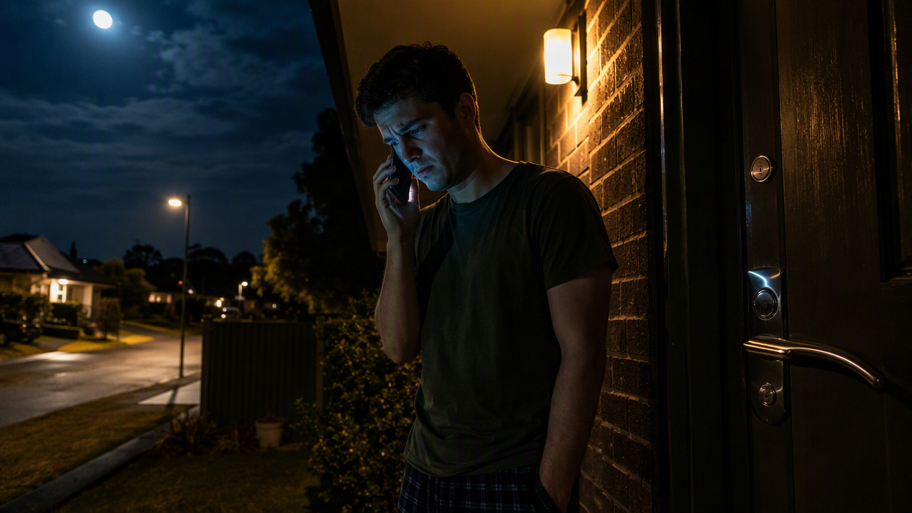 Person locked out at night calling a 24/7 emergency locksmith