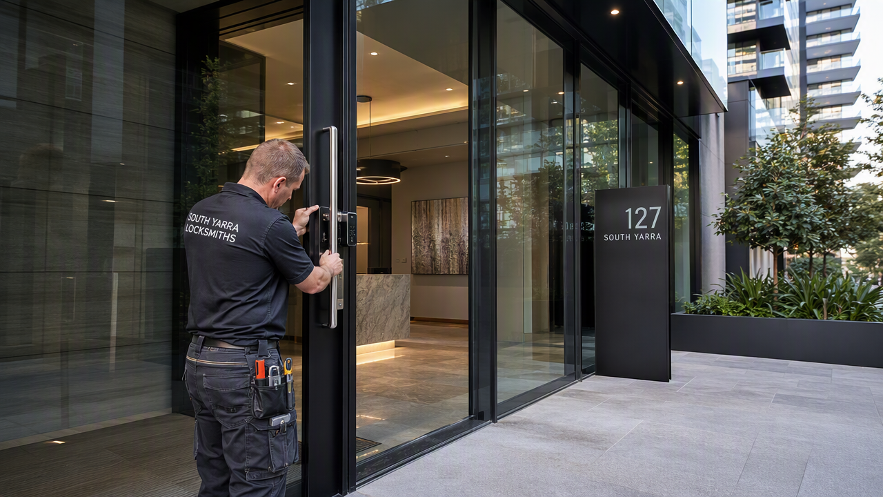Locksmith securing an apartment entry door in South Yarra