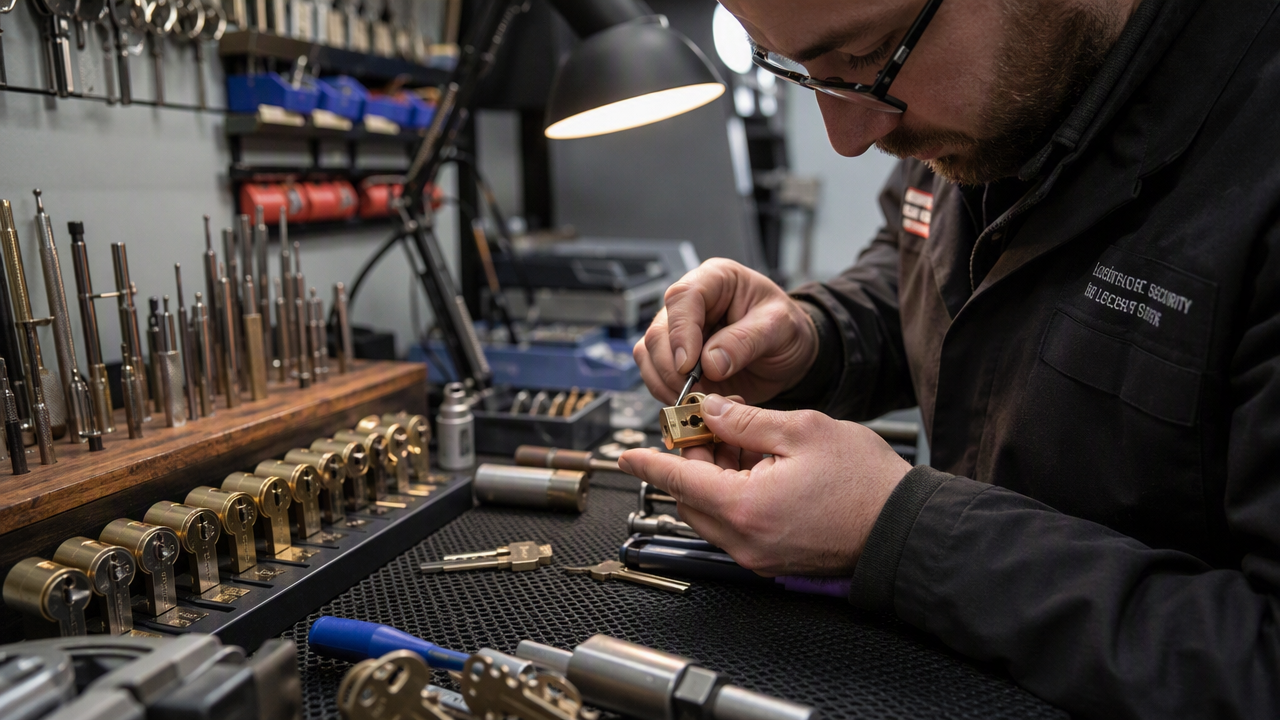 Lock cylinders and rekeying tools laid out on a locksmith's workbench