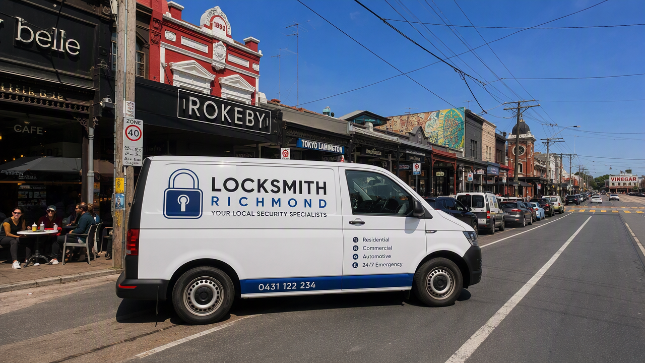 Okay Locksmith service van parked on Swan Street in Richmond