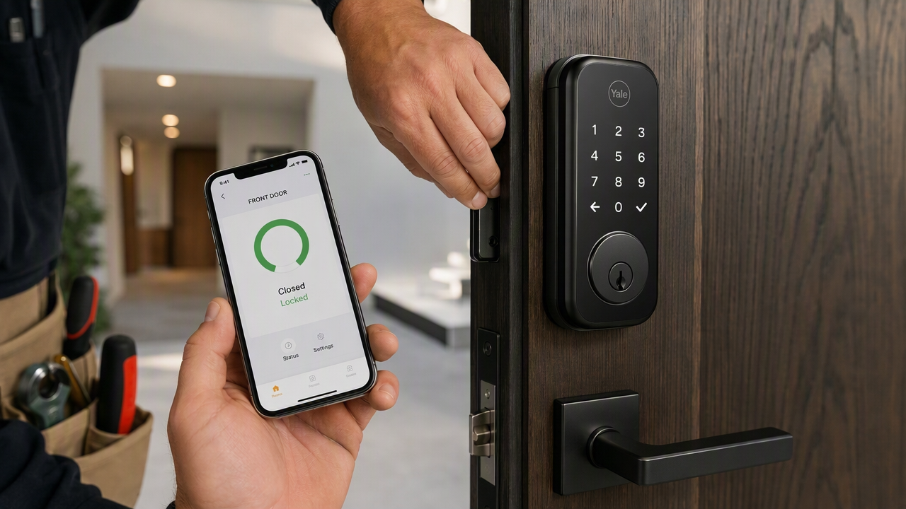 Digital keypad smart lock being installed on a modern front door