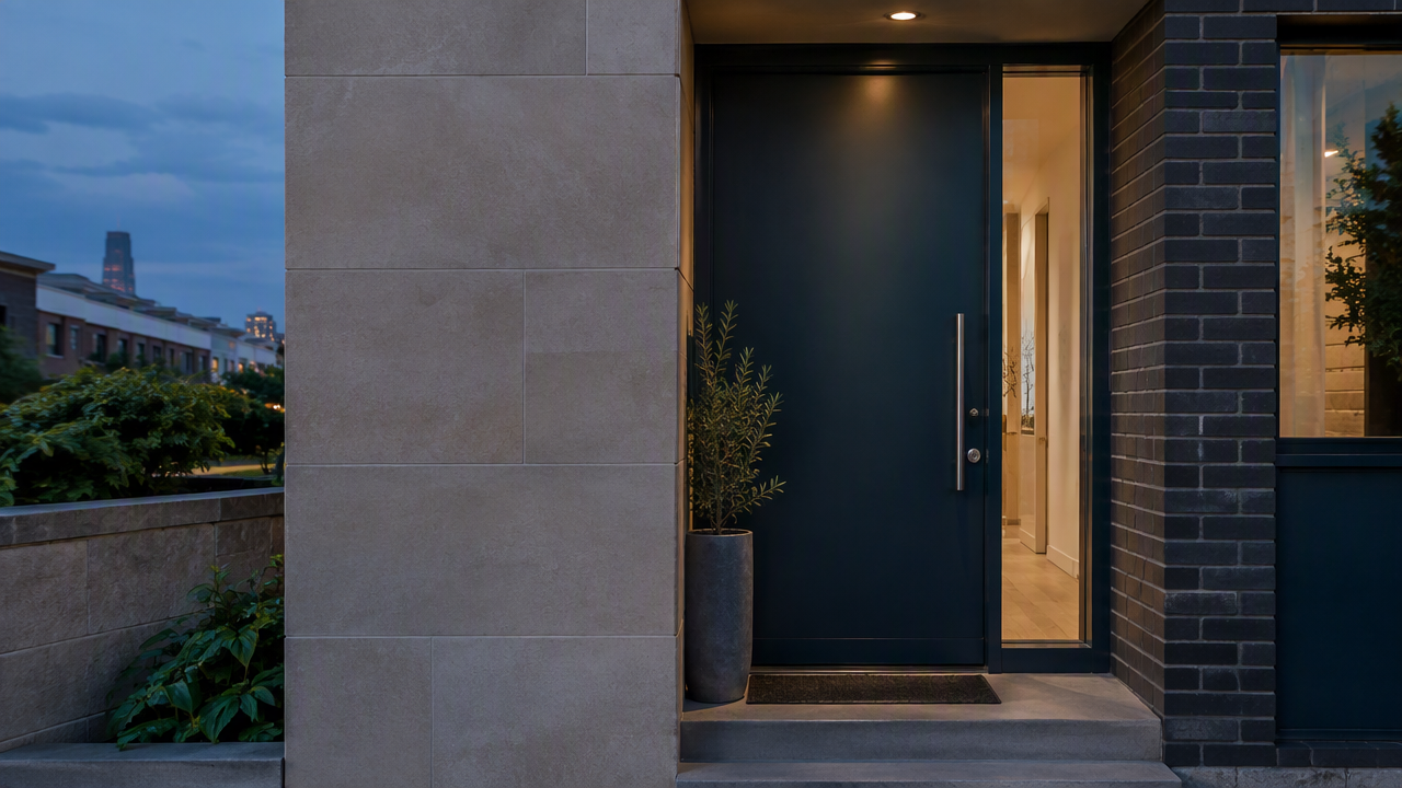 Executive doorway of an inner-Sydney terrace in deep ink blue with brushed chrome lock hardware and architectural shadow