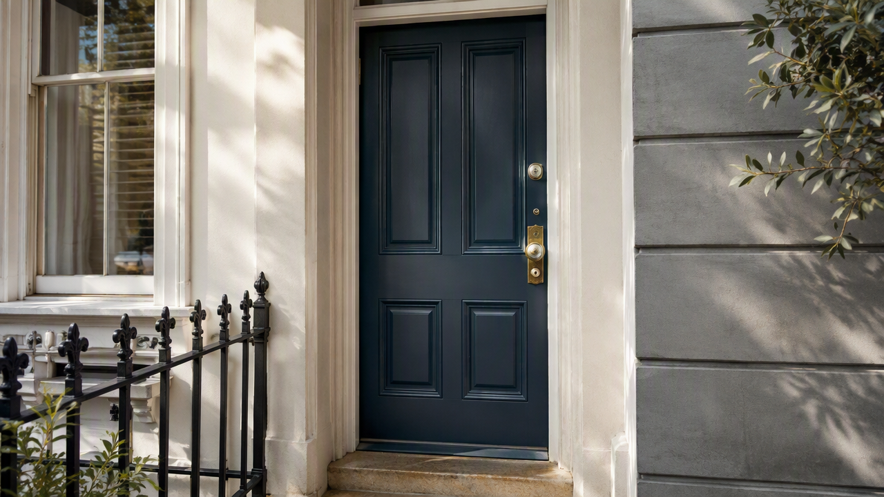 Classic inner-Sydney terrace front door painted deep ink blue with brass mortice lock and modern deadbolt