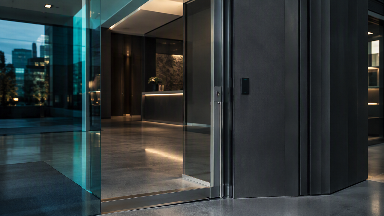 Premium commercial entrance with slim-frame glass door and brushed steel lock hardware