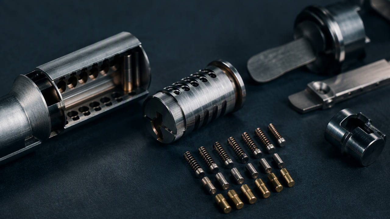 Disassembled lock cylinder with visible pin stack and plug on a graphite surface