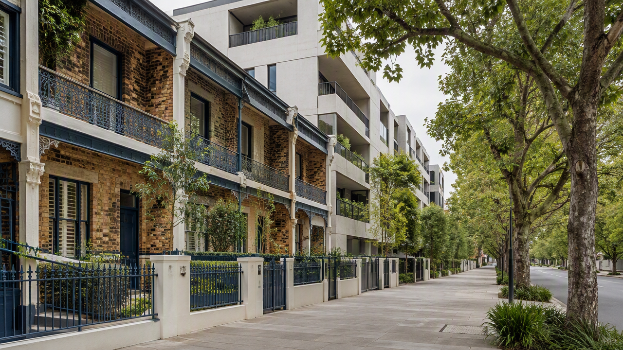Quiet inner-Sydney Chippendale streetscape mixing restored brick terraces and a contemporary apartment building
