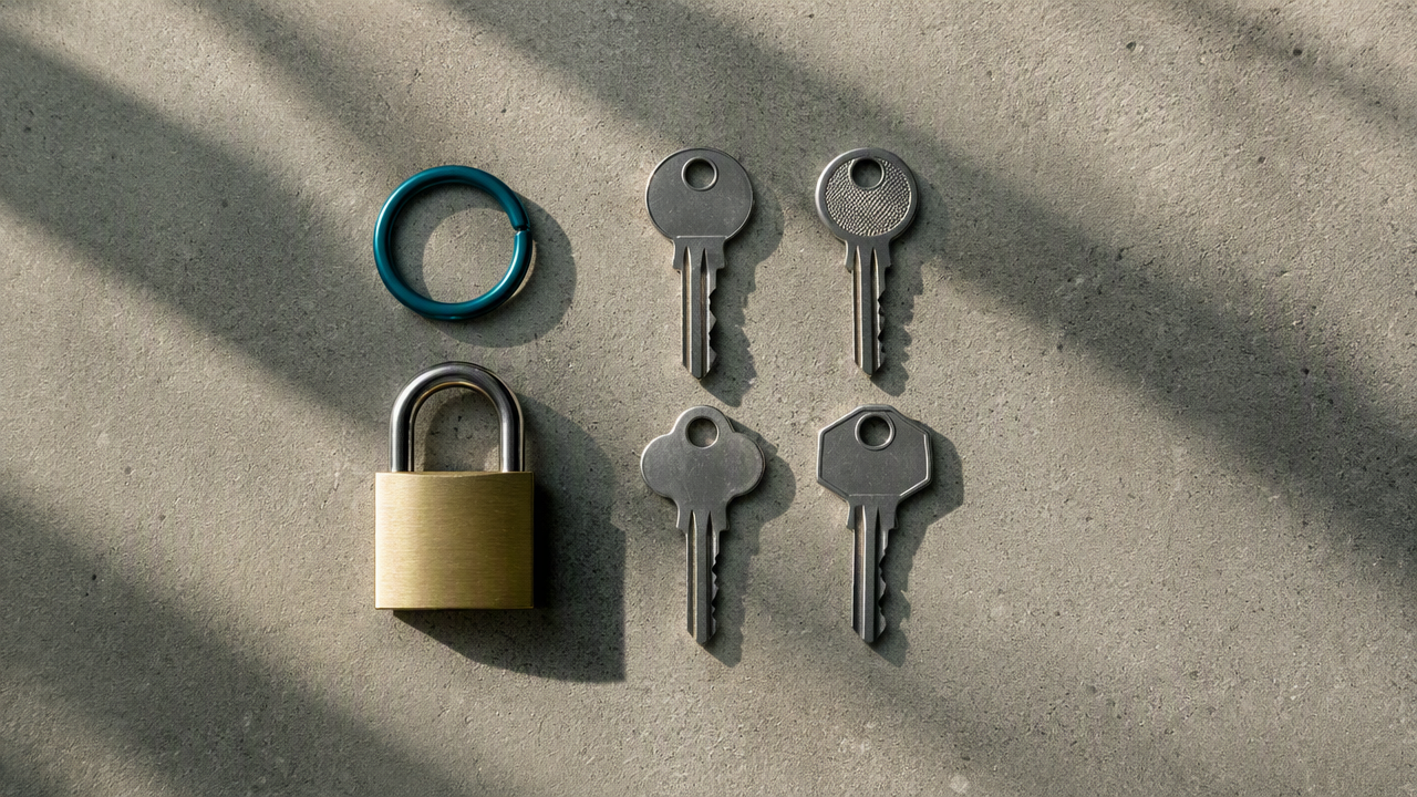Freshly cut keys and a brass padlock arranged in a precise grid on warm concrete