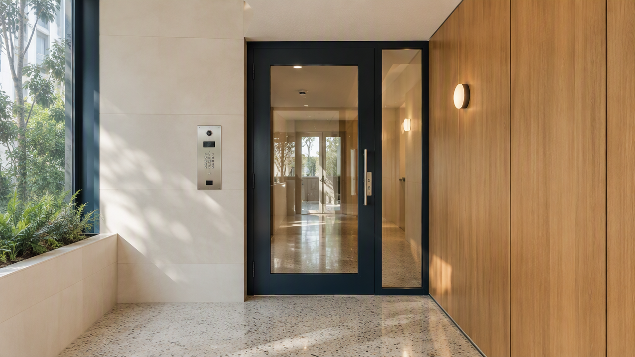 Modern Sydney apartment building entry lobby with security door and stainless steel lock hardware