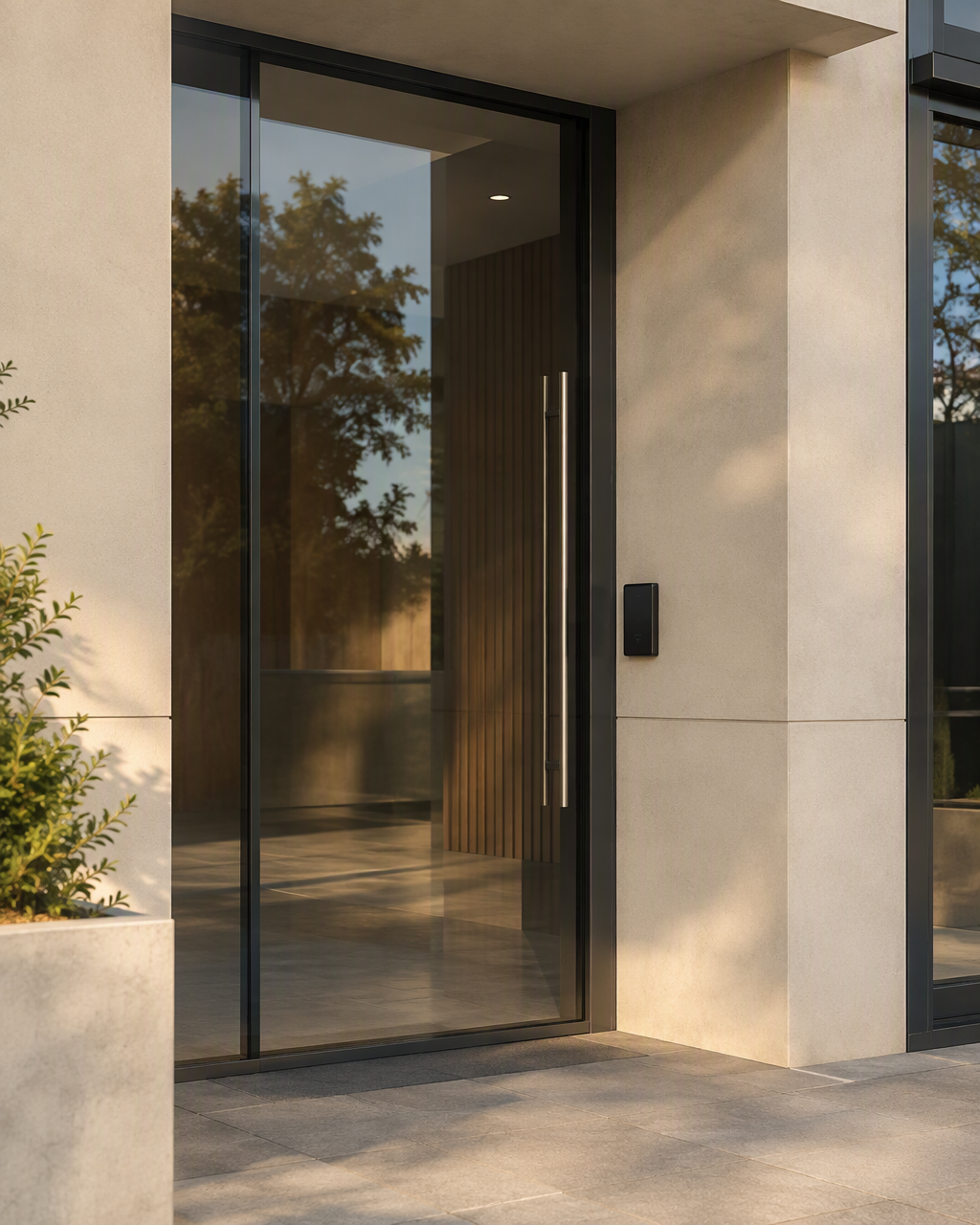 Modern commercial building entrance with a glass door, steel pull handle and access reader