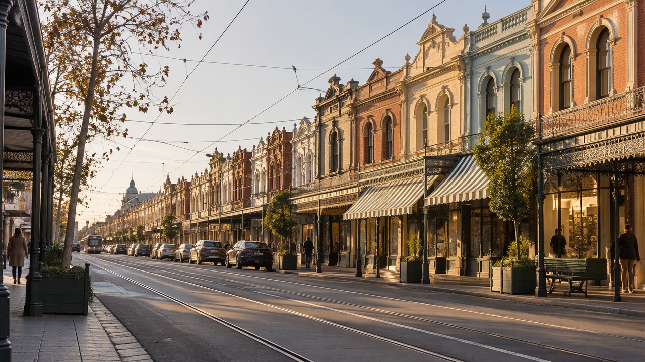 The Burke Road shopping strip in Camberwell with period retail buildings, verandahs and tram tracks