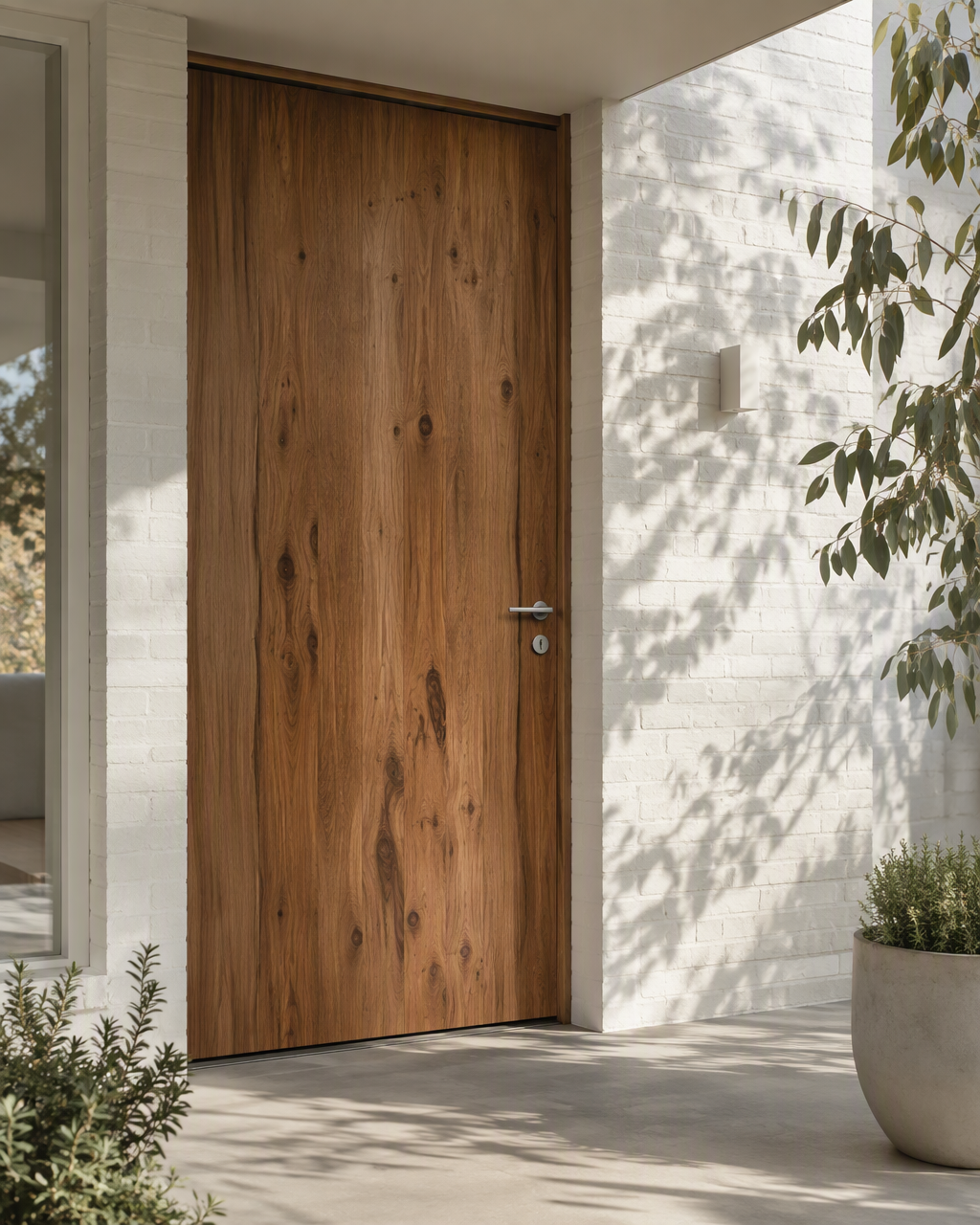 Contemporary timber front door with brushed nickel lever handle on a white brick home