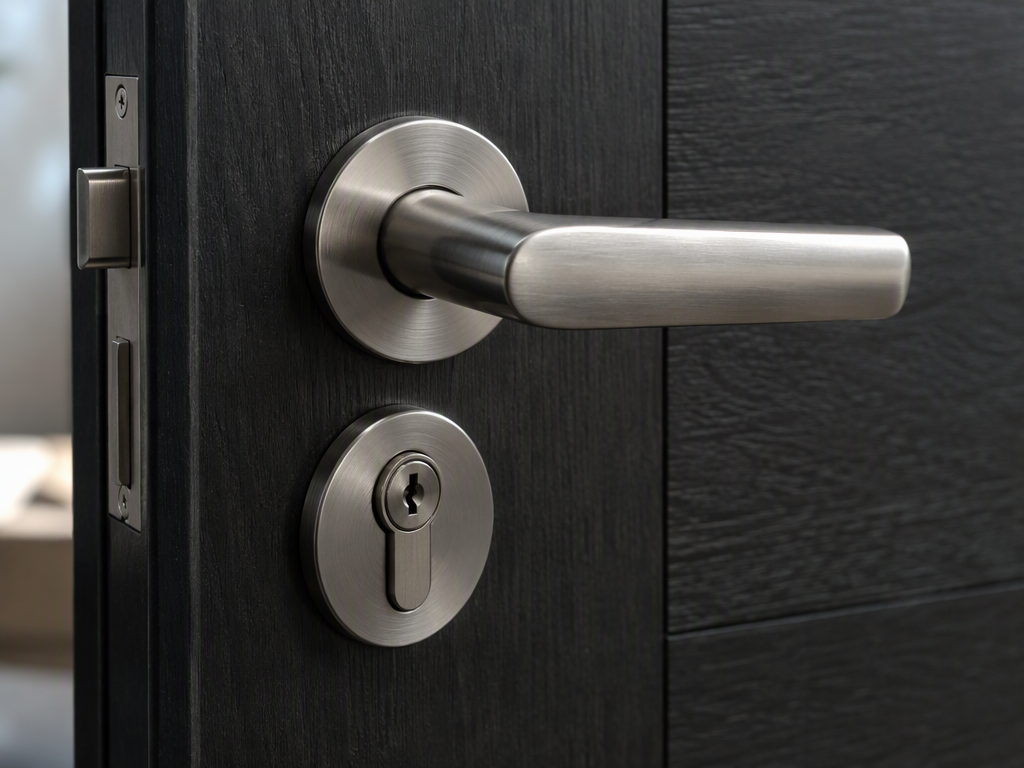 Close-up of a brushed nickel lever handle and lock cylinder on a dark timber door