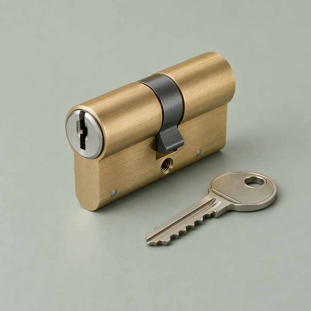 Illustrative product study of a brass lock cylinder and matching silver key