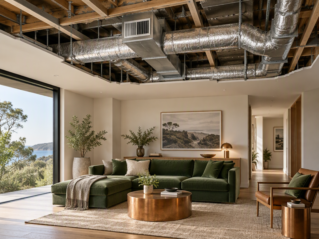 Illustrative architectural room cutaway showing concealed ceiling ductwork