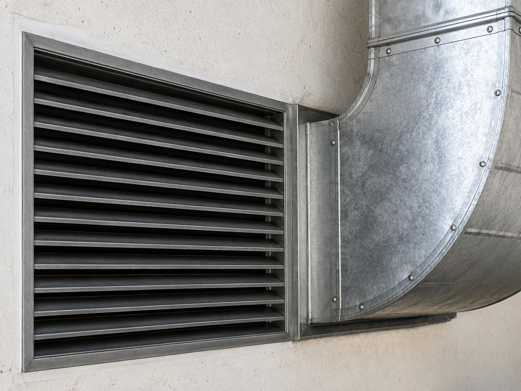 Illustrative close-up of a metal ventilation grille and duct