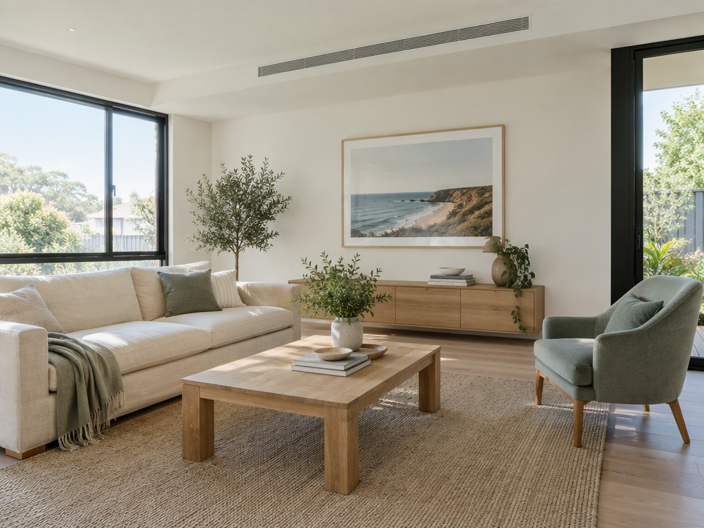 Representative daylit living room with a ceiling ventilation outlet