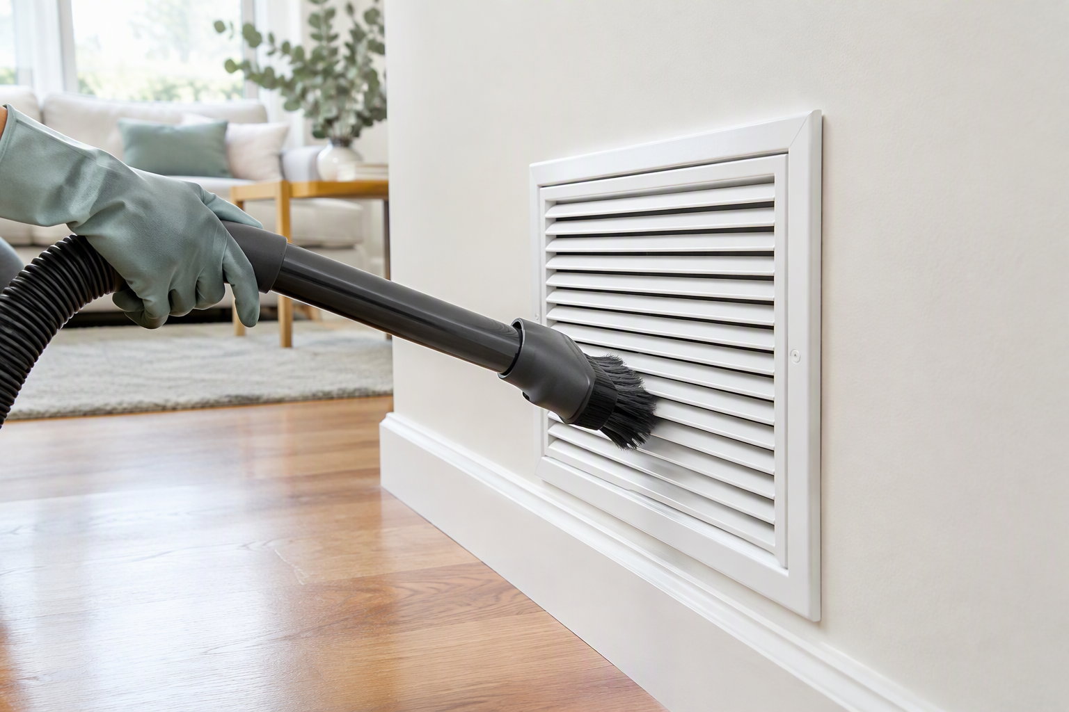Illustrative careful cleaning around a residential return-air grille