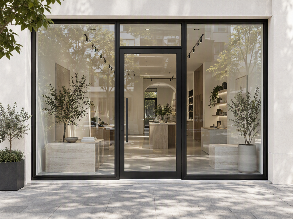 Illustrative black-framed glass shopfront and entrance