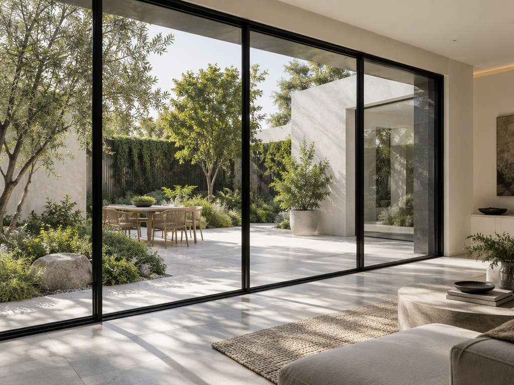 Illustrative architectural glazing with black-framed glass doors opening onto a leafy courtyard