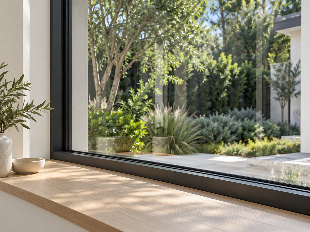 Illustrative clear window glass overlooking a garden