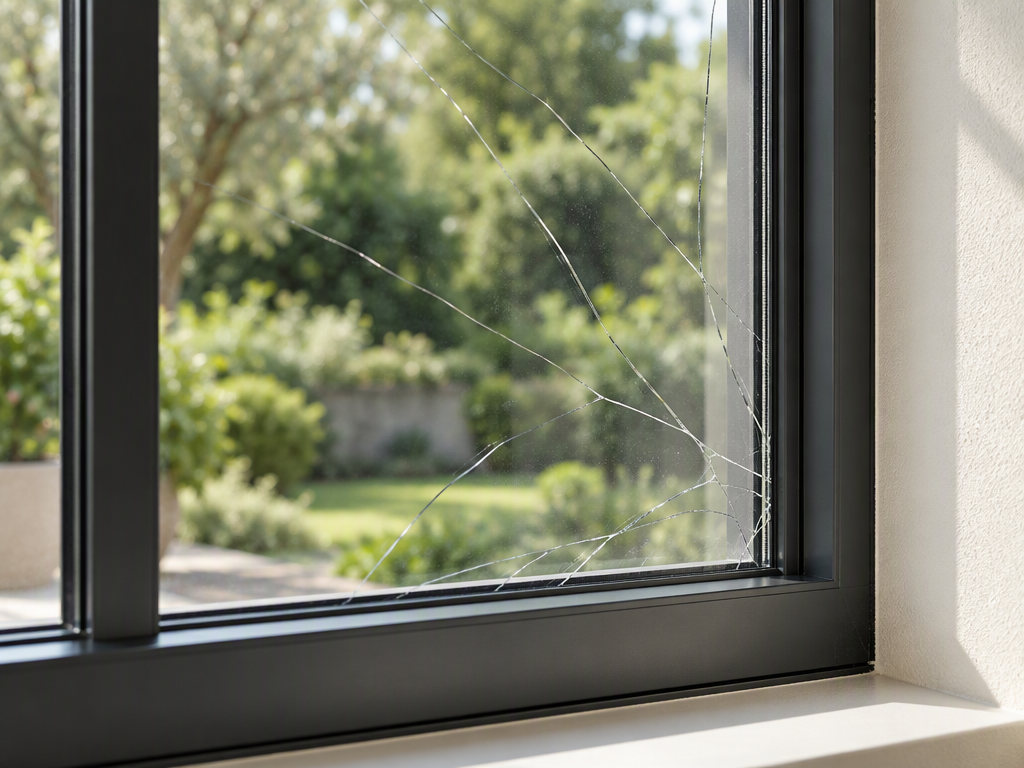 Illustrative cracked glass pane in a charcoal-framed window