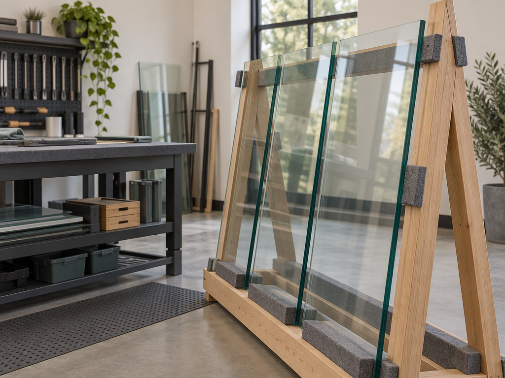 Illustrative replacement glass panes secured in a workshop rack