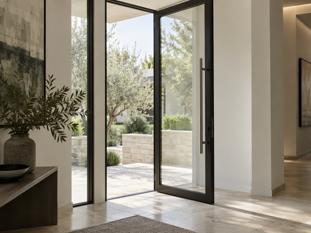 Illustrative hinged glass entrance door with a metal handle