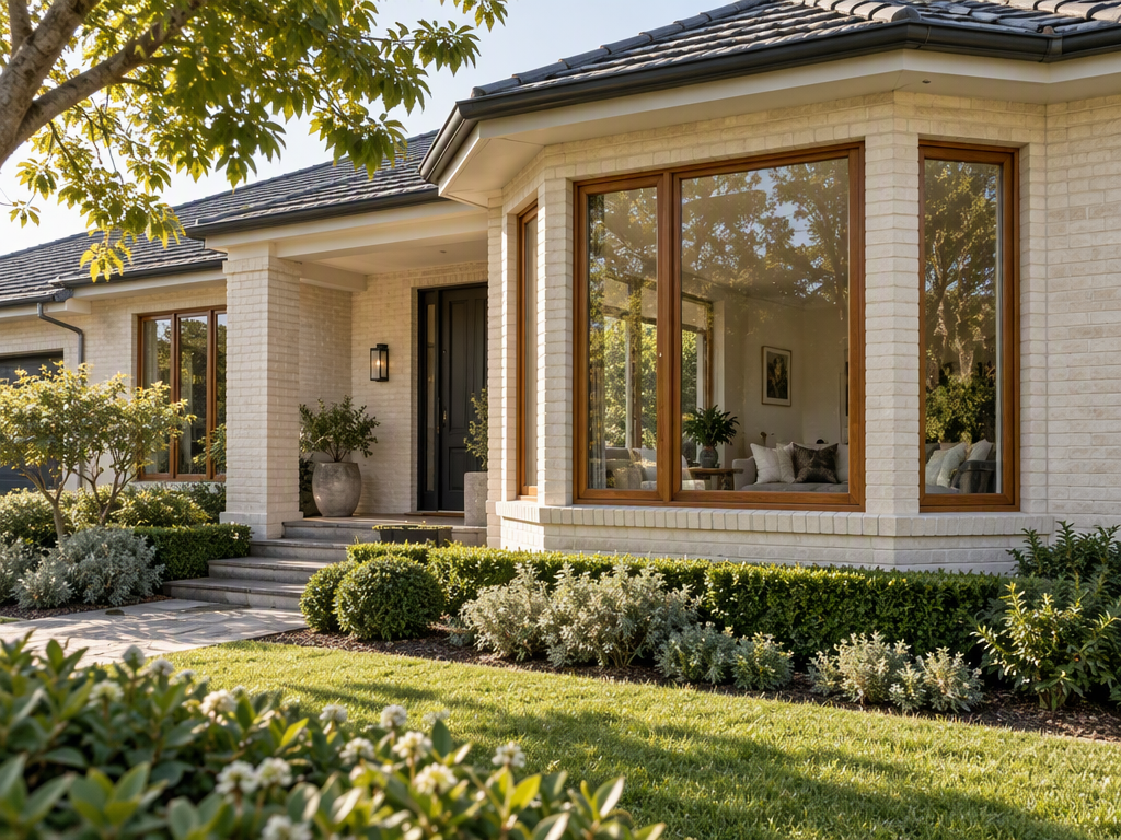 Illustrative Australian brick home with large glazed windows